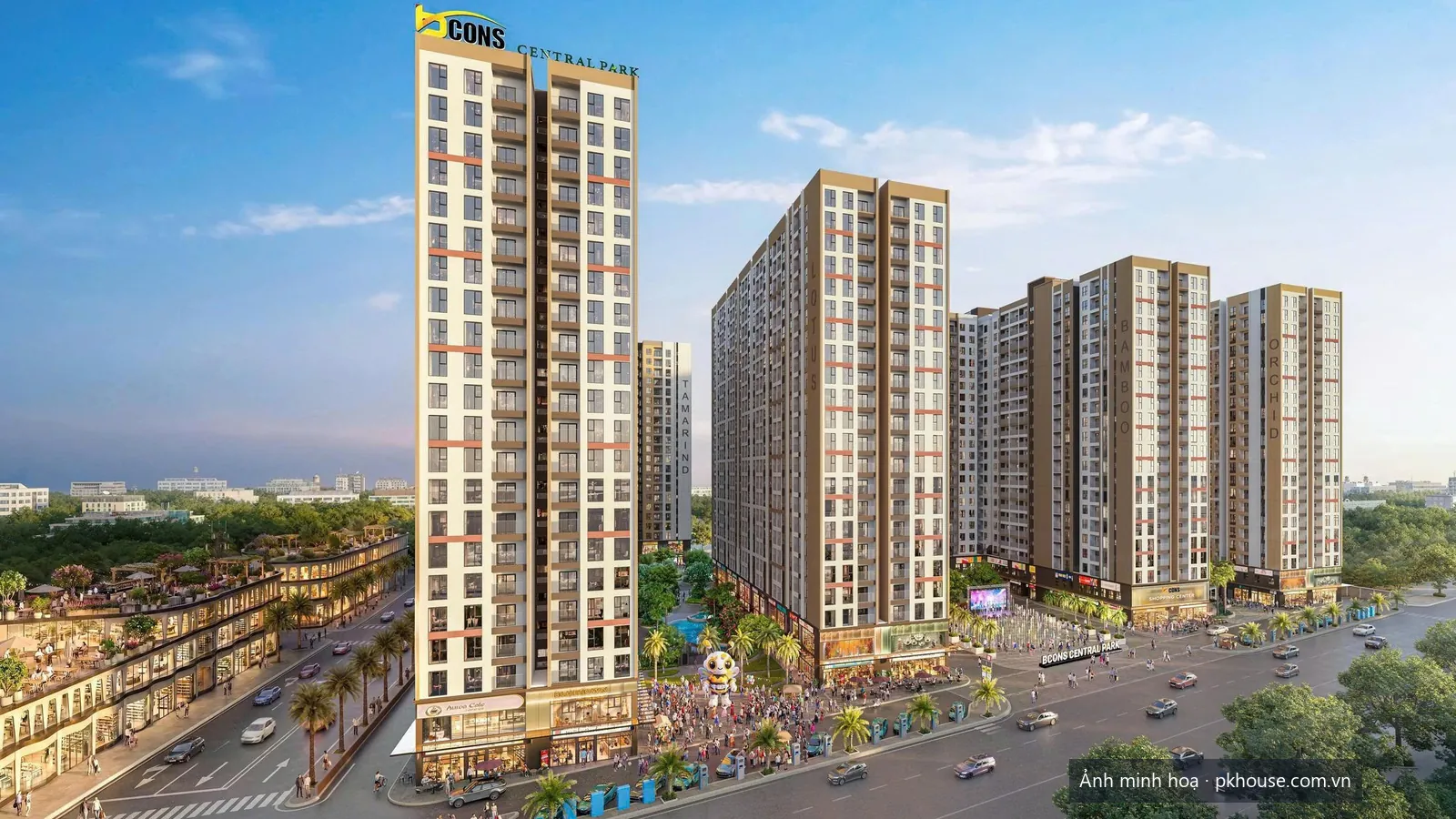 Phối cảnh tổng thể toàn khu, thấy rõ bốn tháp Tamarind – Lotus – Bamboo – Orchid và khối shophouse dự án Bcons Central Park